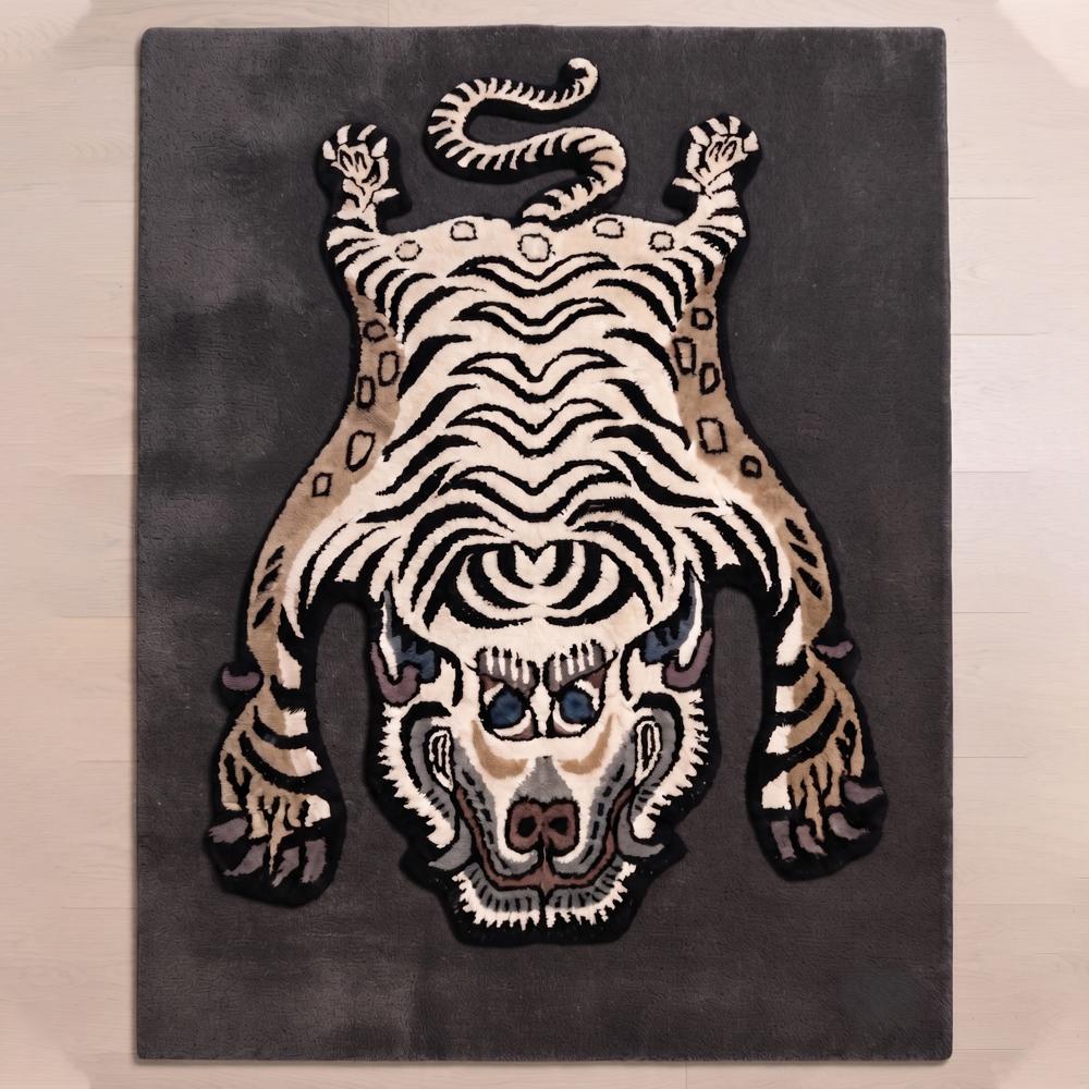 Hand-Tufted Tibetan White Tiger Motif Wool Area Rug