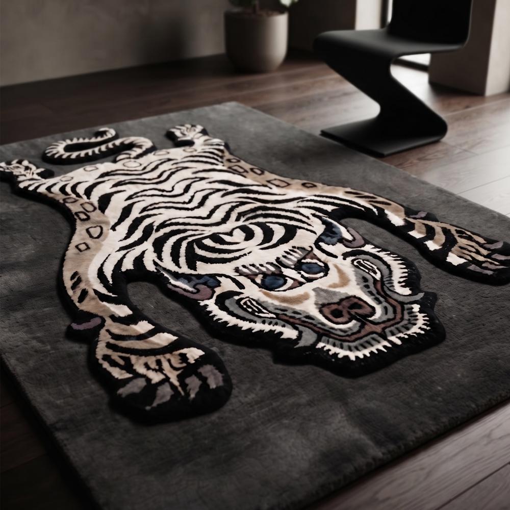 Hand-Tufted Tibetan White Tiger Motif Wool Area Rug