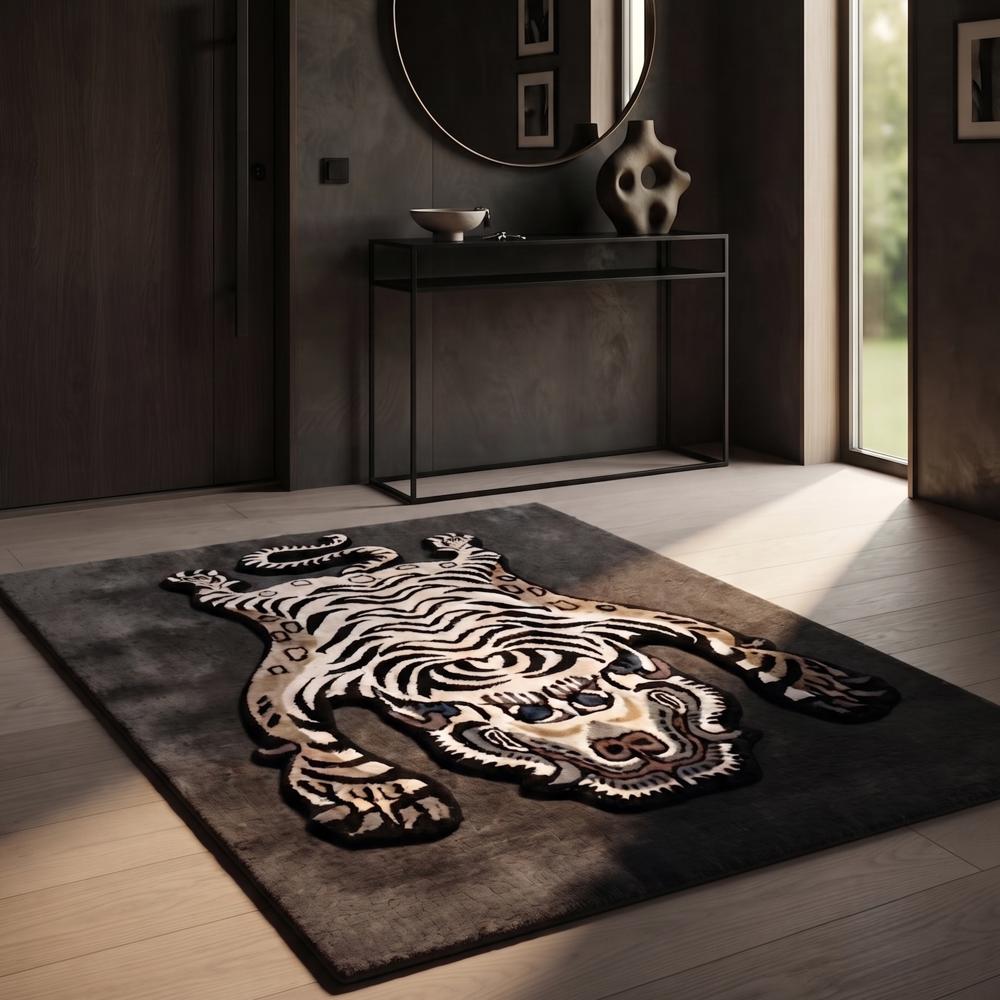 Hand-Tufted Tibetan White Tiger Motif Wool Area Rug