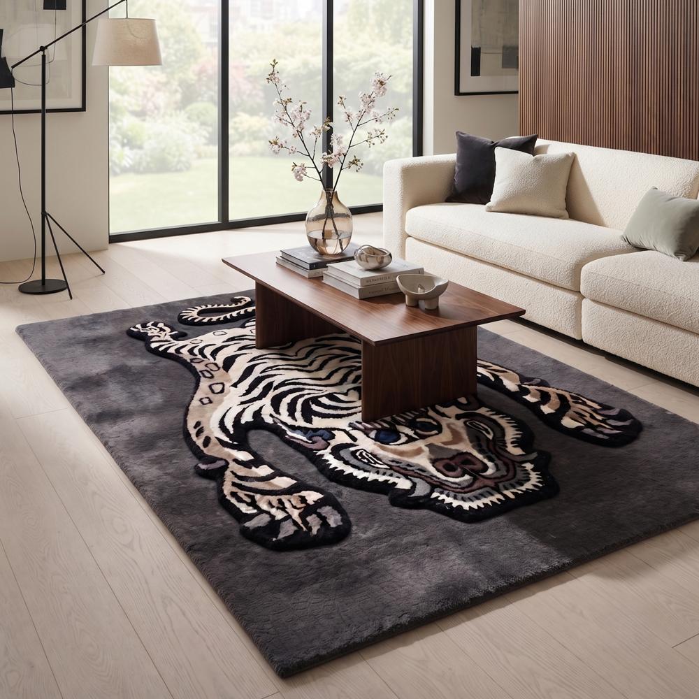 Hand-Tufted Tibetan White Tiger Motif Wool Area Rug