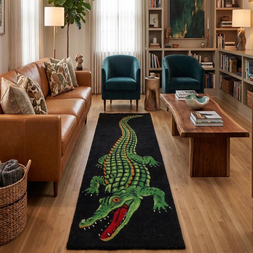 Hand-Tufted Alligator Crocodile Motif Wool Runner Rug