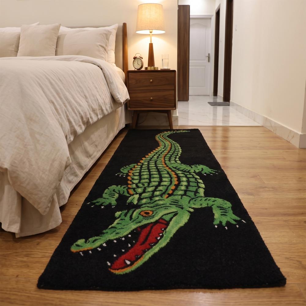 Hand-Tufted Alligator Crocodile Motif Wool Runner Rug