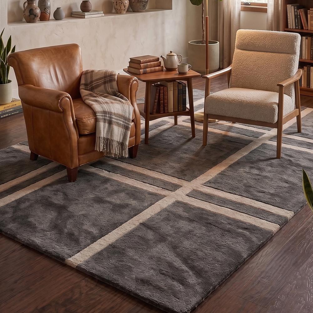 Hand-Tufted Modern Geometric Line Charcoal Wool Area Rug