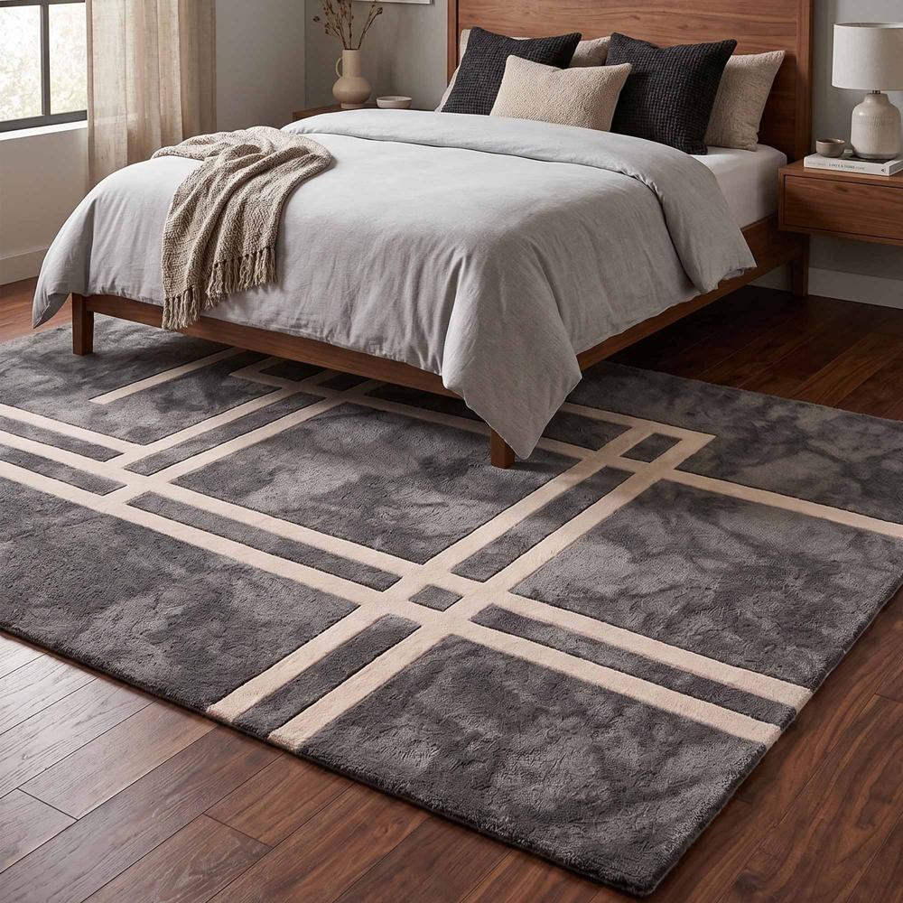Hand-Tufted Modern Geometric Line Charcoal Wool Area Rug