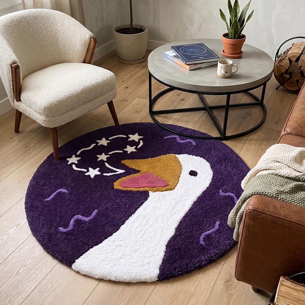 Hand-Tufted Cosmic Goose Celestial Round Wool Area Rug