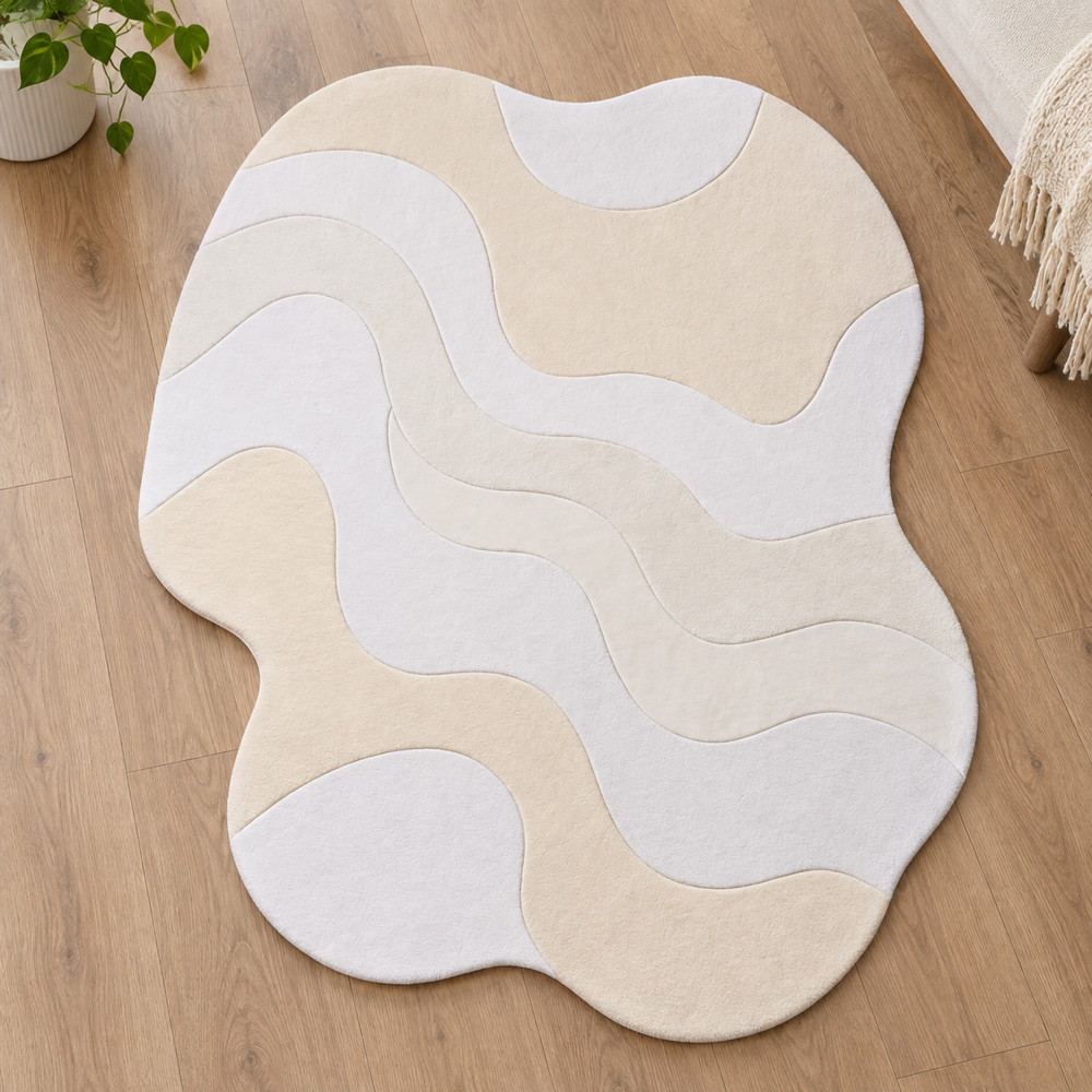 Hand-Tufted Organic Wavy Shape Cream Wool Area Rug