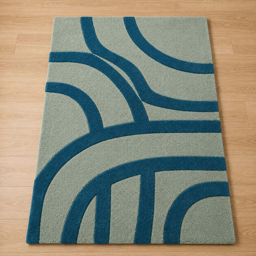 Hand-Tufted Modern Abstract Blue & Grey Geometric Wool Area Rug