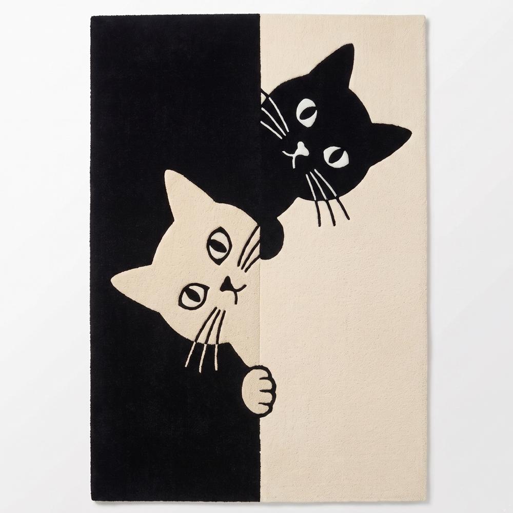 Hand-Tufted Peeking Black & White Cat Yin-Yang Wool Area Rug