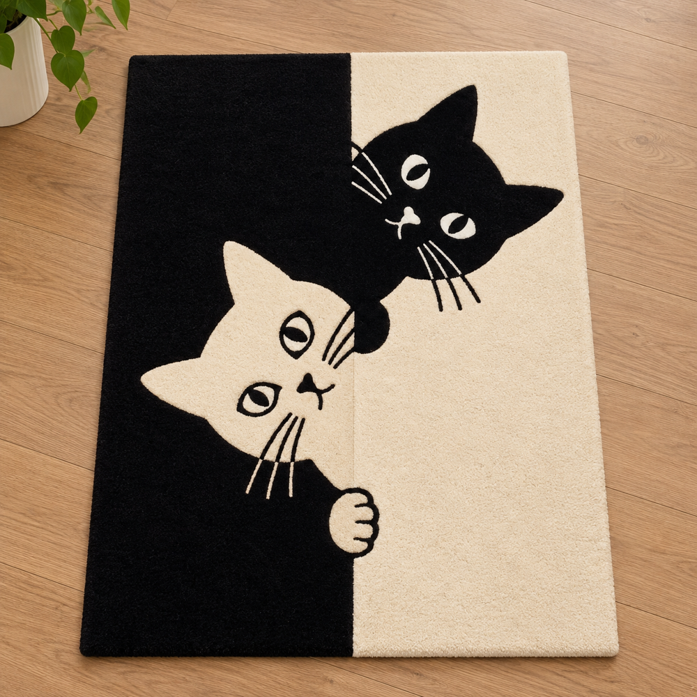 Hand-Tufted Peeking Black & White Cat Yin-Yang Wool Area Rug