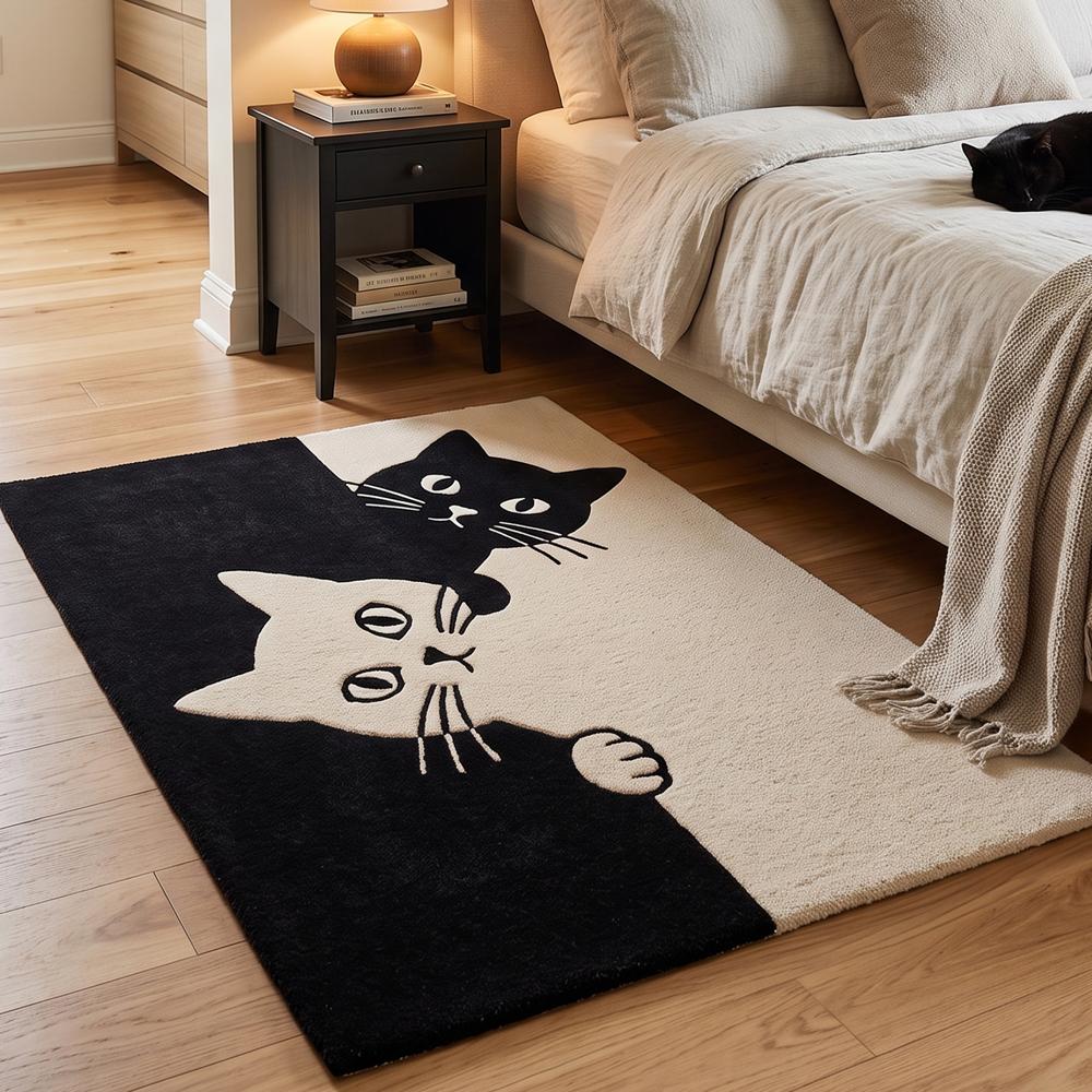 Hand-Tufted Peeking Black & White Cat Yin-Yang Wool Area Rug