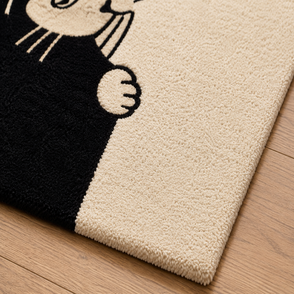 Hand-Tufted Peeking Black & White Cat Yin-Yang Wool Area Rug