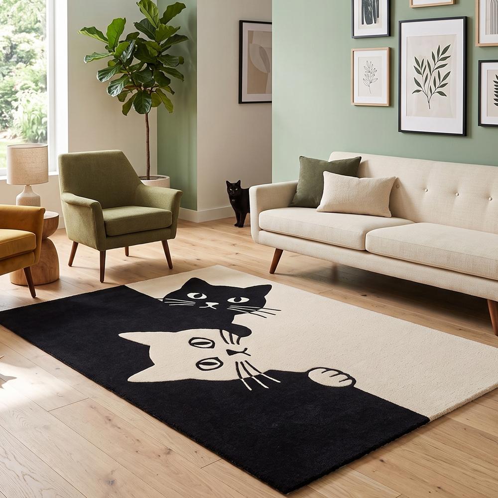 Hand-Tufted Peeking Black & White Cat Yin-Yang Wool Area Rug