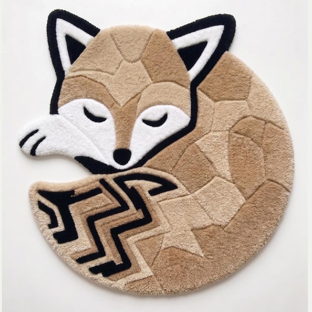 Hand-Tufted Sleeping Geometric Fox Shaped Wool Area Rug