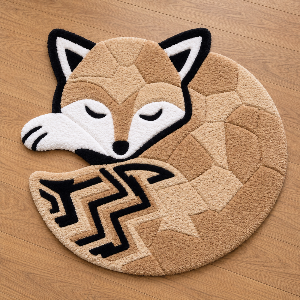 Hand-Tufted Sleeping Geometric Fox Shaped Wool Area Rug