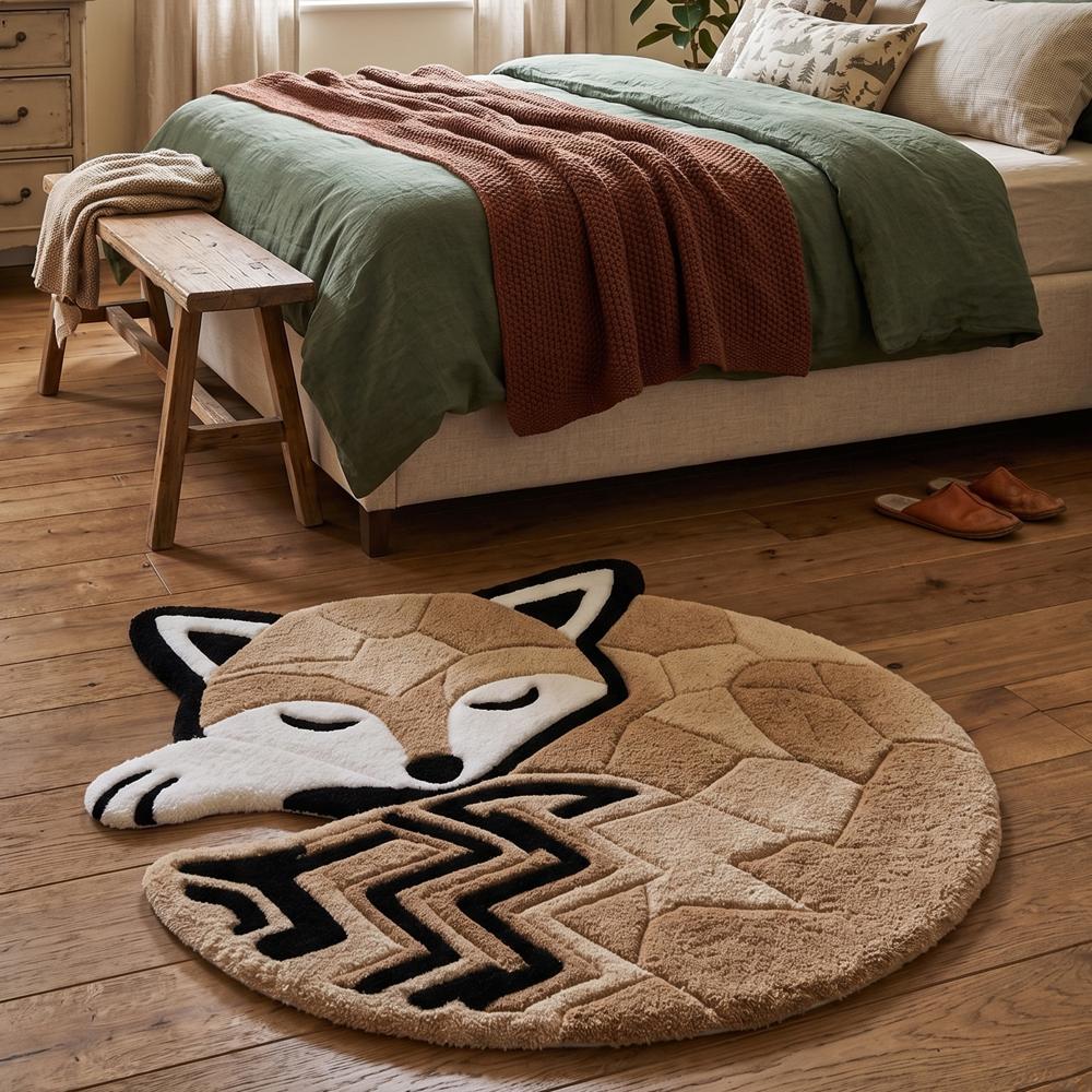 Hand-Tufted Sleeping Geometric Fox Shaped Wool Area Rug