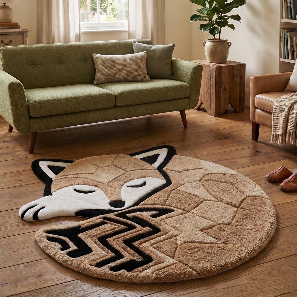 Hand-Tufted Sleeping Geometric Fox Shaped Wool Area Rug
