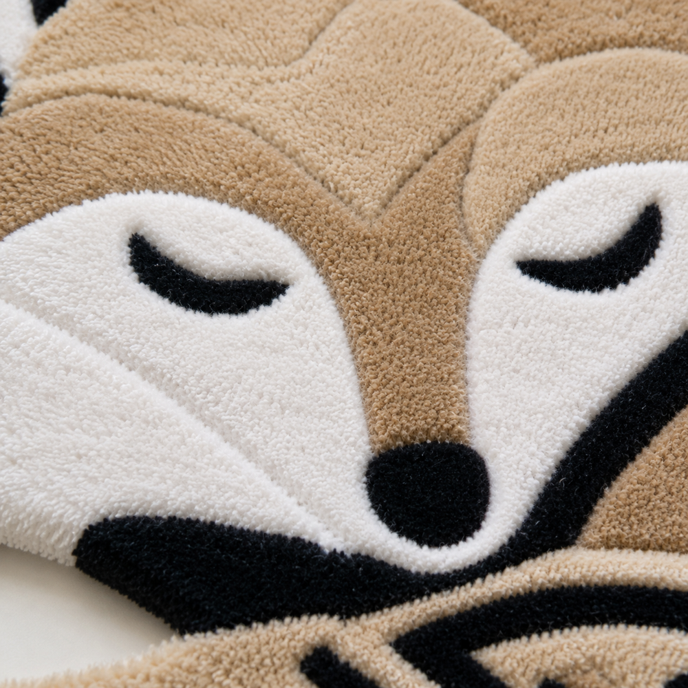 Hand-Tufted Sleeping Geometric Fox Shaped Wool Area Rug
