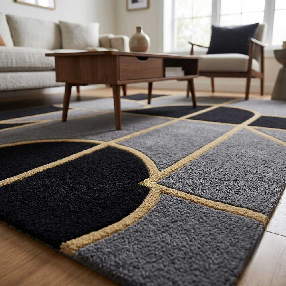 Hand-Tufted Basketball Court Charcoal & Gold Wool Area Rug