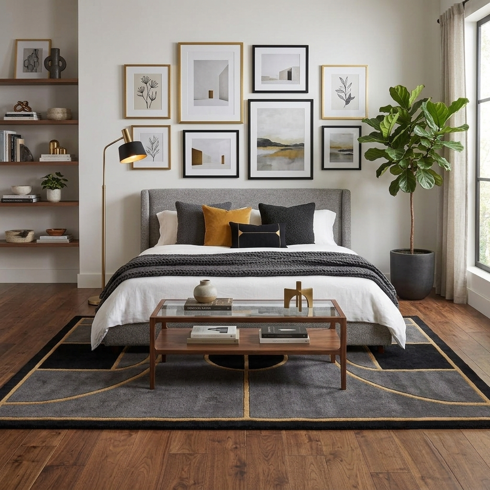 Hand-Tufted Basketball Court Charcoal & Gold Wool Area Rug