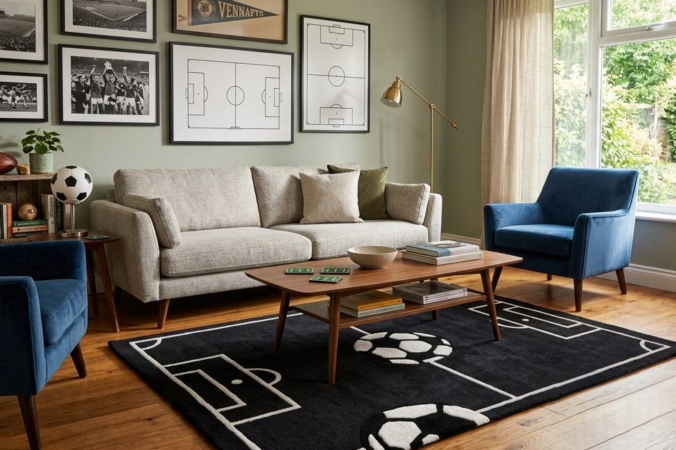 Hand-Tufted Soccer Field Black & White Football Wool Area Rug