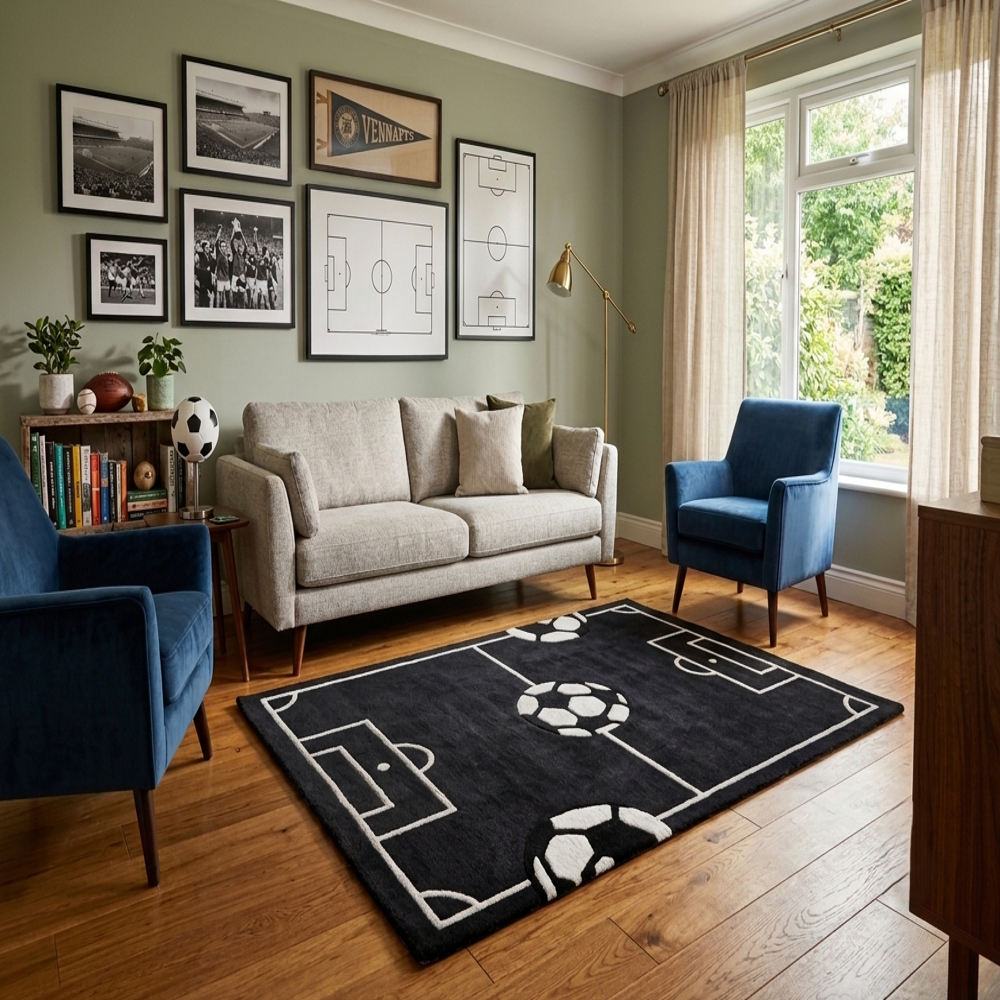Hand-Tufted Soccer Field Black & White Football Wool Area Rug