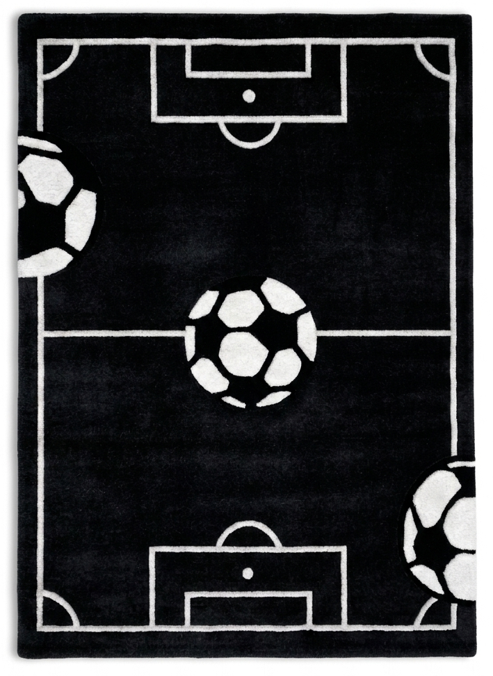 Hand-Tufted Soccer Field Black & White Football Wool Area Rug
