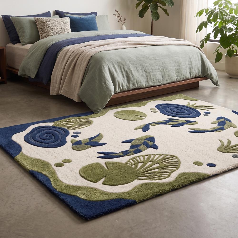 Hand-Tufted Zen Koi Fish Pond & Lily Pad Wool Area Rug