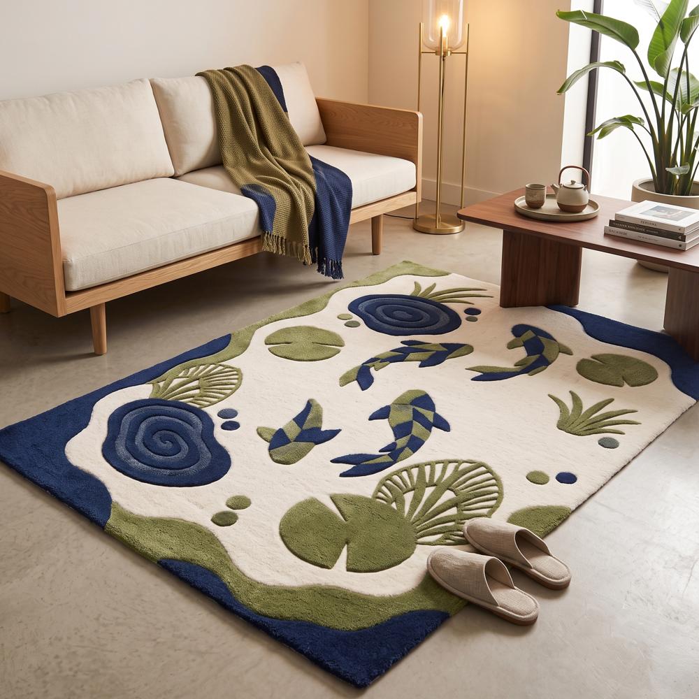 Hand-Tufted Zen Koi Fish Pond & Lily Pad Wool Area Rug