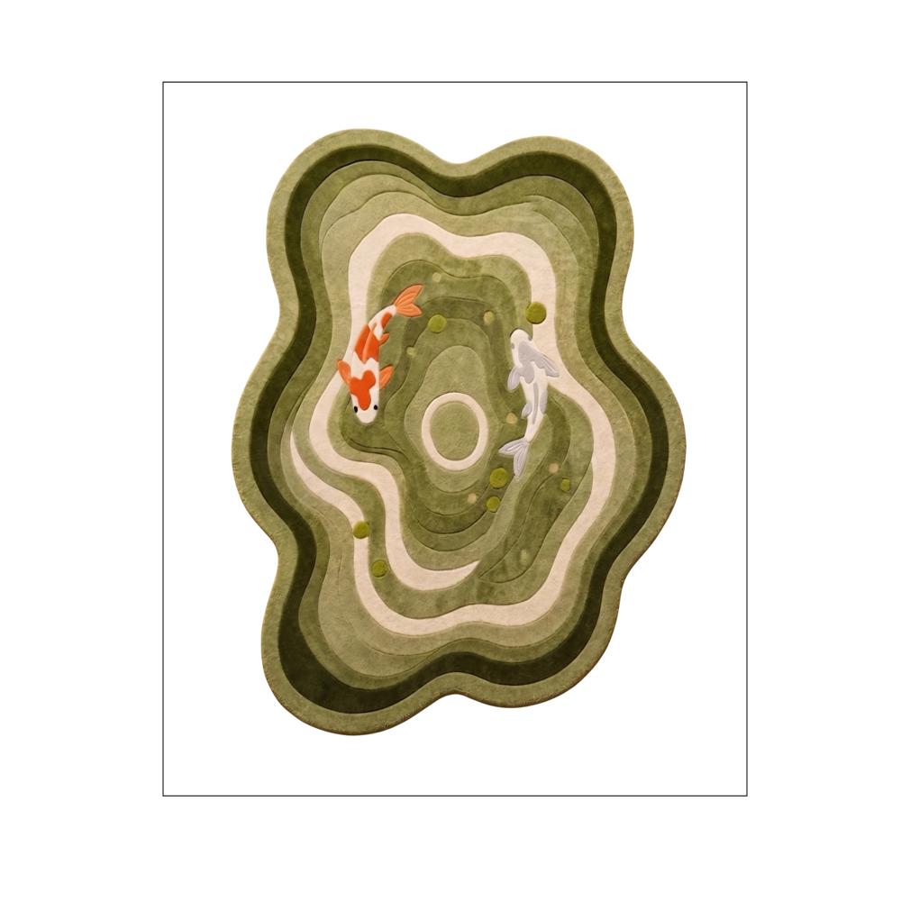 Hand-Tufted Japanese Green Wavy Koi Pond Shaped Wool Area Rug