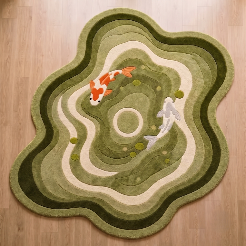 Hand-Tufted Japanese Green Wavy Koi Pond Shaped Wool Area Rug