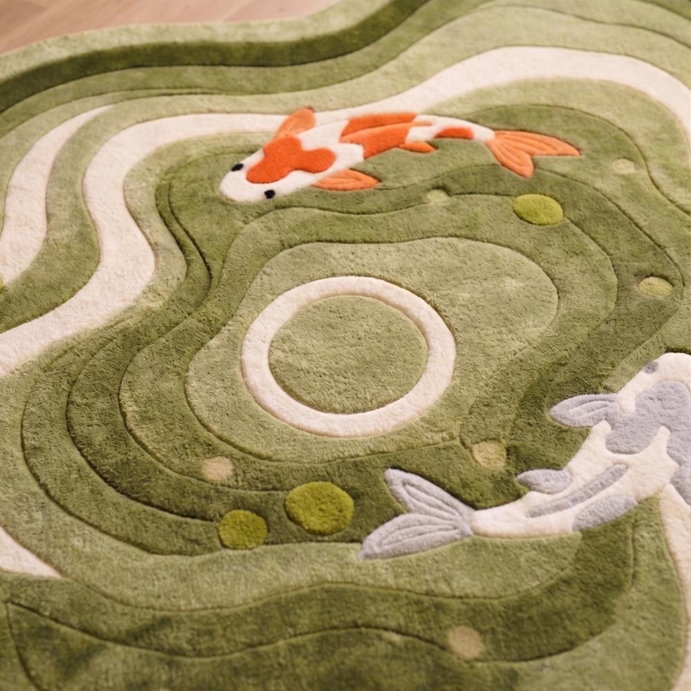Hand-Tufted Japanese Green Wavy Koi Pond Shaped Wool Area Rug