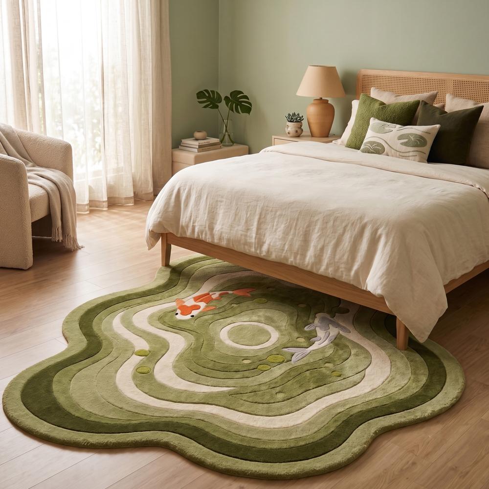 Hand-Tufted Japanese Green Wavy Koi Pond Shaped Wool Area Rug