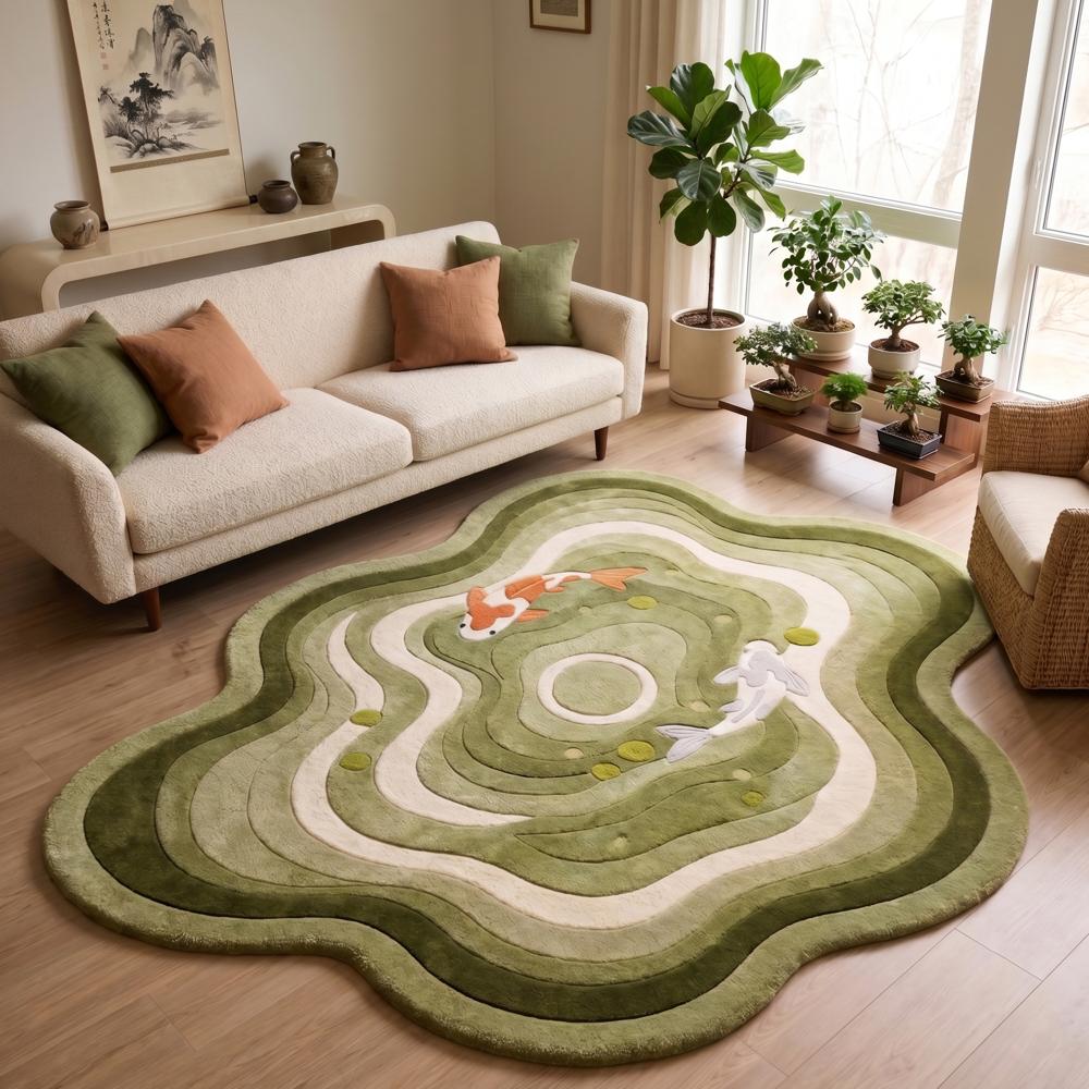 Hand-Tufted Japanese Green Wavy Koi Pond Shaped Wool Area Rug