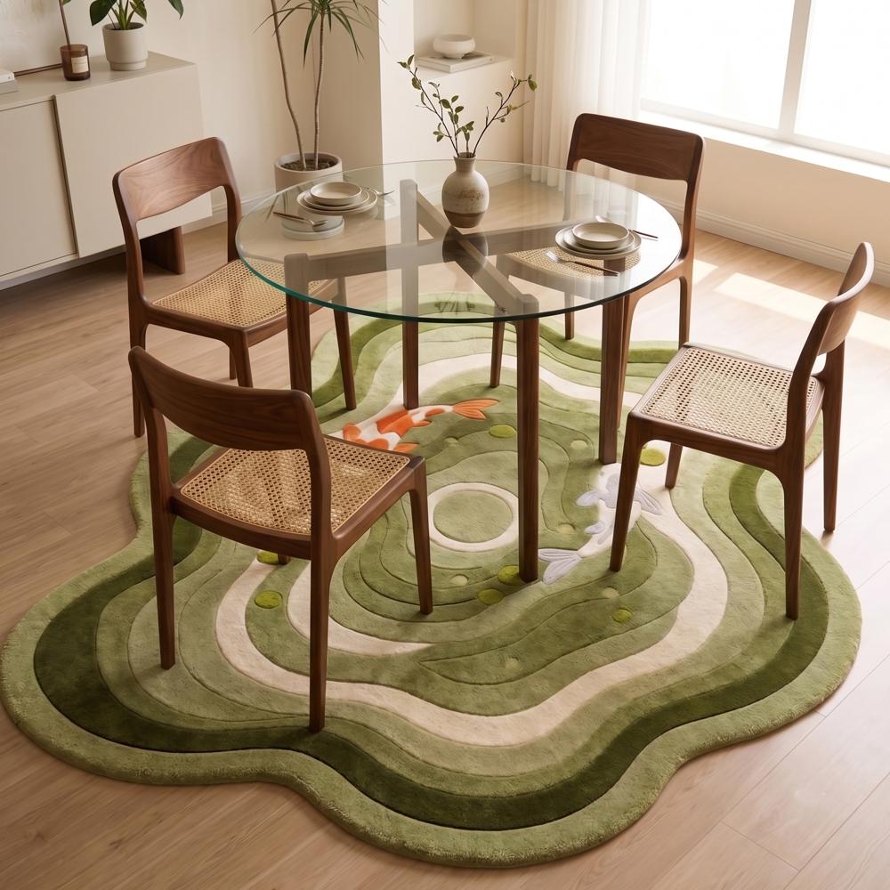 Hand-Tufted Japanese Green Wavy Koi Pond Shaped Wool Area Rug