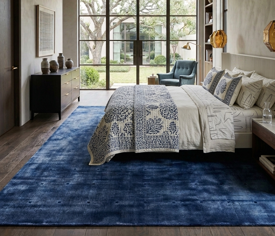 Hand-Tufted Modern Abstract Deep Navy Blue Grid Wool Area Rug