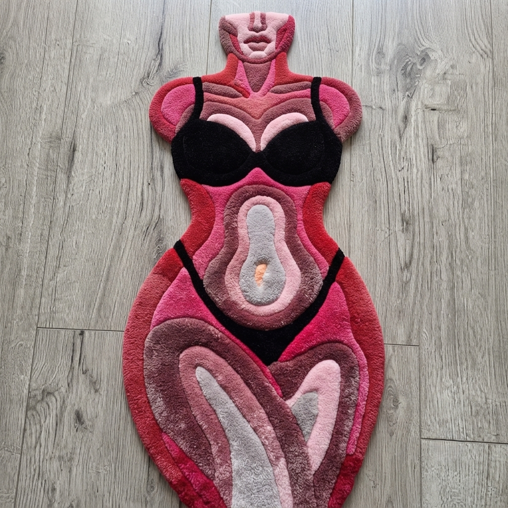Hand-Tufted Abstract Pink Female Body Form Shaped Wool Area Rug
