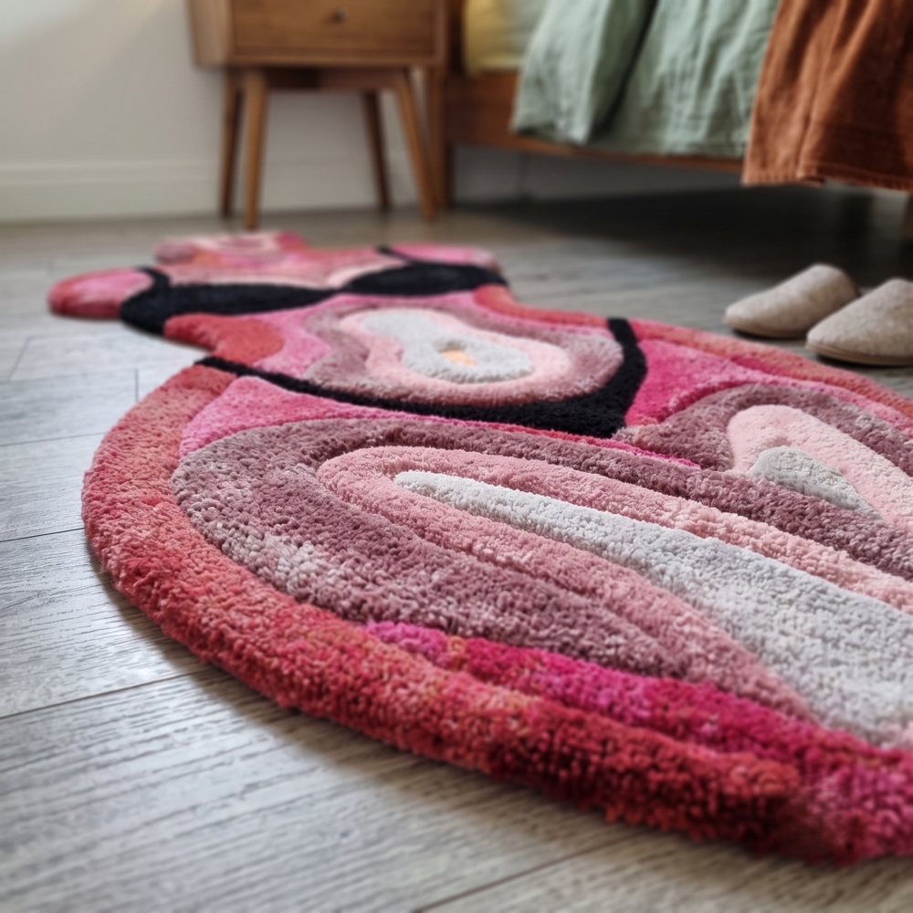 Hand-Tufted Abstract Pink Female Body Form Shaped Wool Area Rug