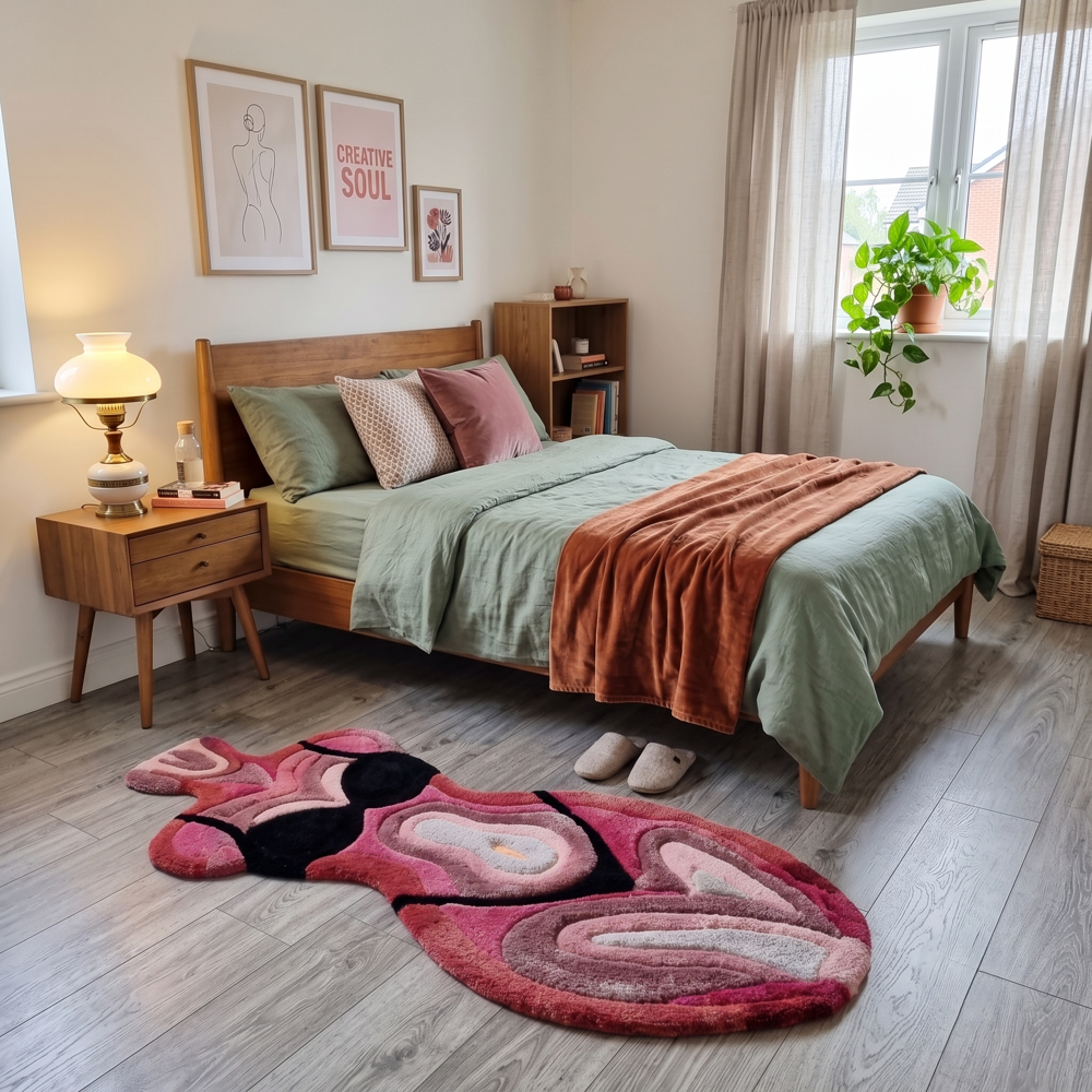 Hand-Tufted Abstract Pink Female Body Form Shaped Wool Area Rug