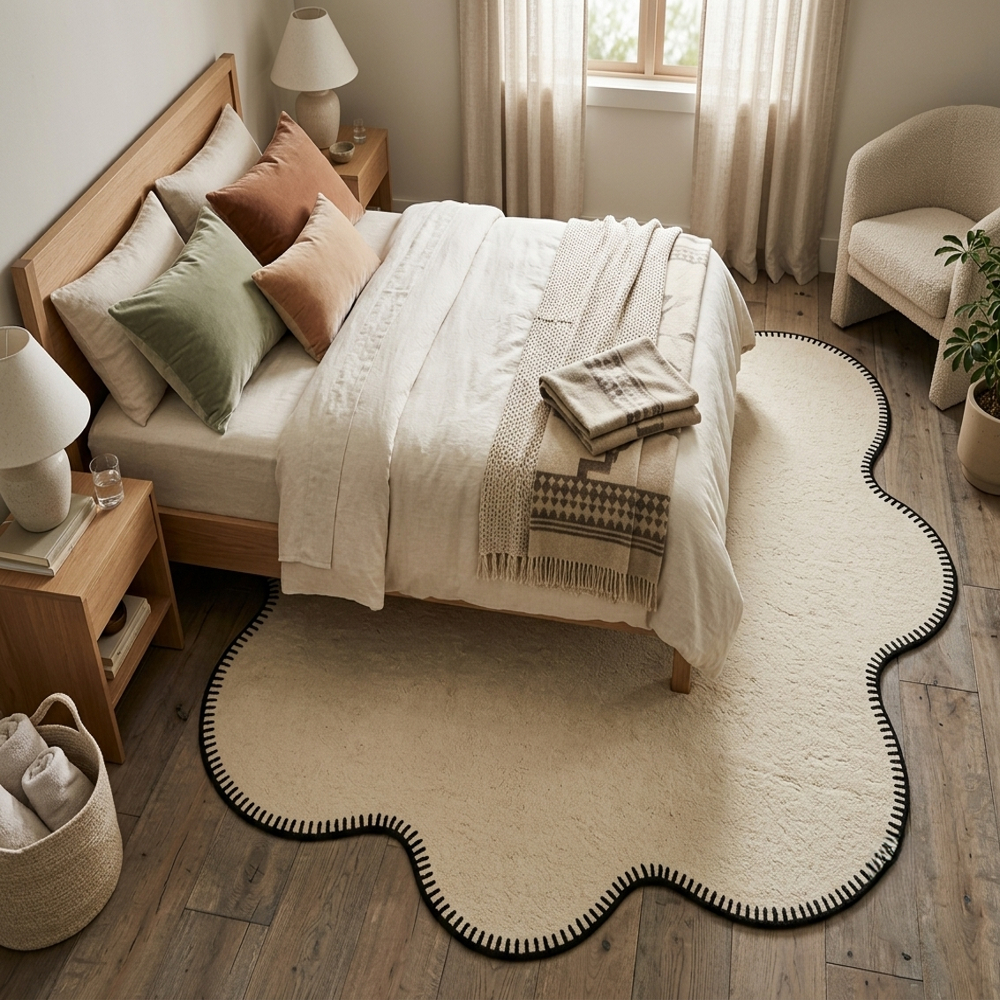 Hand-Tufted Cream Flower Scalloped Blanket-Stitch Wool Area Rug