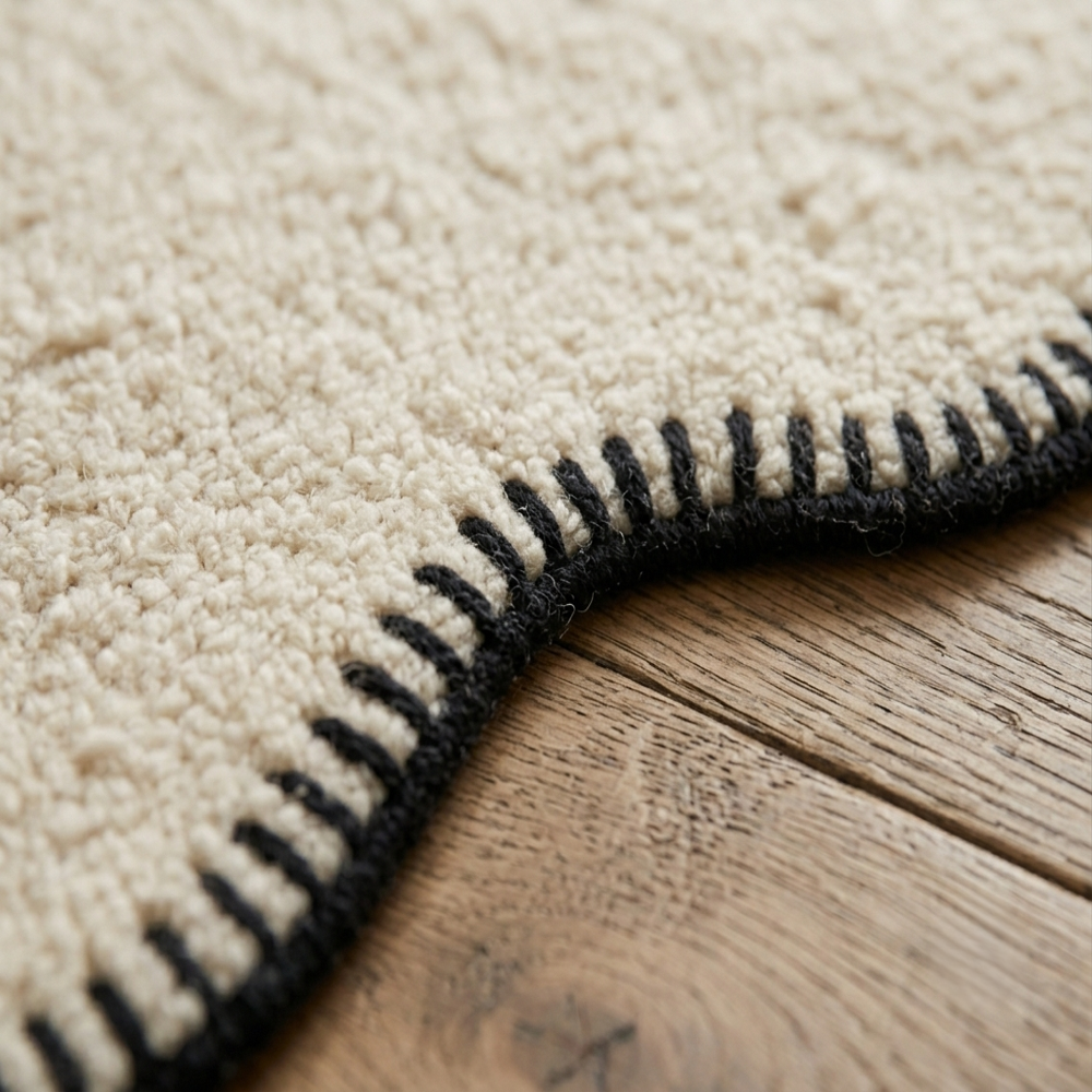 Hand-Tufted Cream Flower Scalloped Blanket-Stitch Wool Area Rug