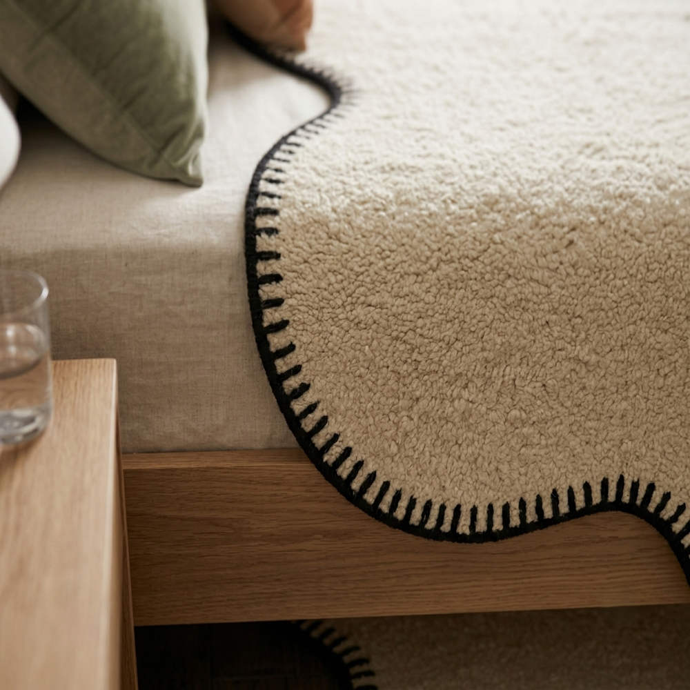 Hand-Tufted Cream Flower Scalloped Blanket-Stitch Wool Area Rug