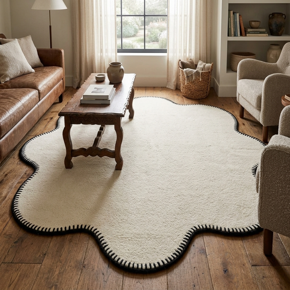 Hand-Tufted Cream Flower Scalloped Blanket-Stitch Wool Area Rug