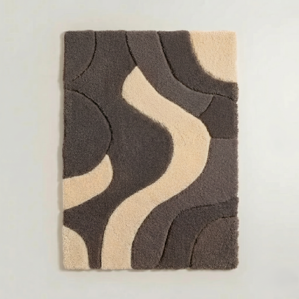 Hand-Tufted Modern Abstract Wavy Charcoal Grey and Beige Wool Area Rug