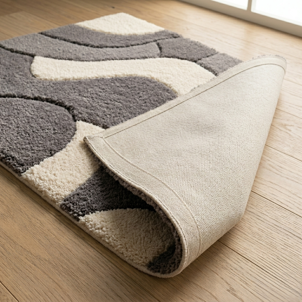 Hand-Tufted Modern Abstract Wavy Charcoal Grey and Beige Wool Area Rug
