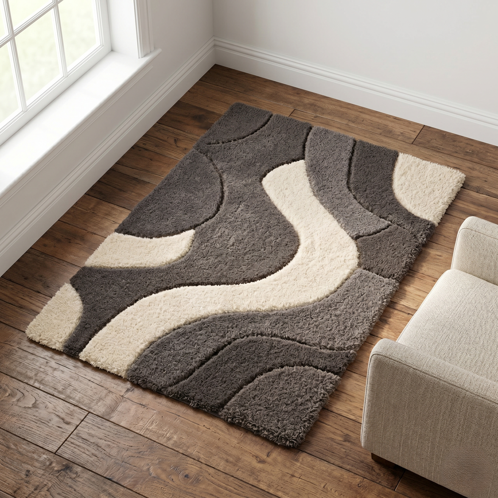 Hand-Tufted Modern Abstract Wavy Charcoal Grey and Beige Wool Area Rug