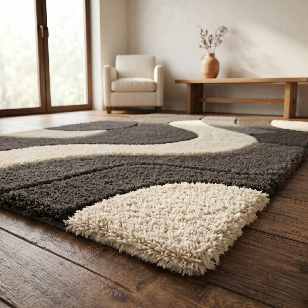 Hand-Tufted Modern Abstract Wavy Charcoal Grey and Beige Wool Area Rug
