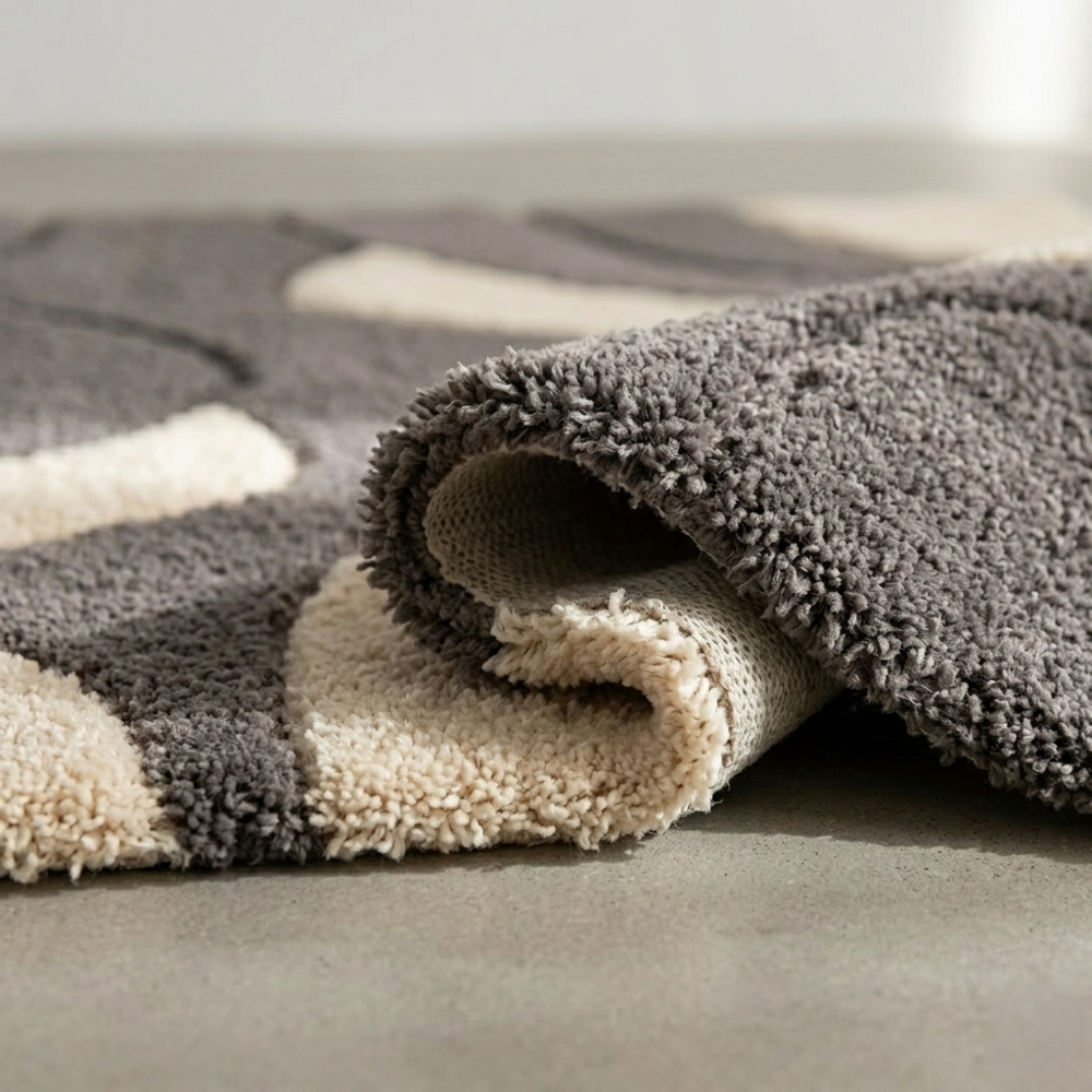 Hand-Tufted Modern Abstract Wavy Charcoal Grey and Beige Wool Area Rug