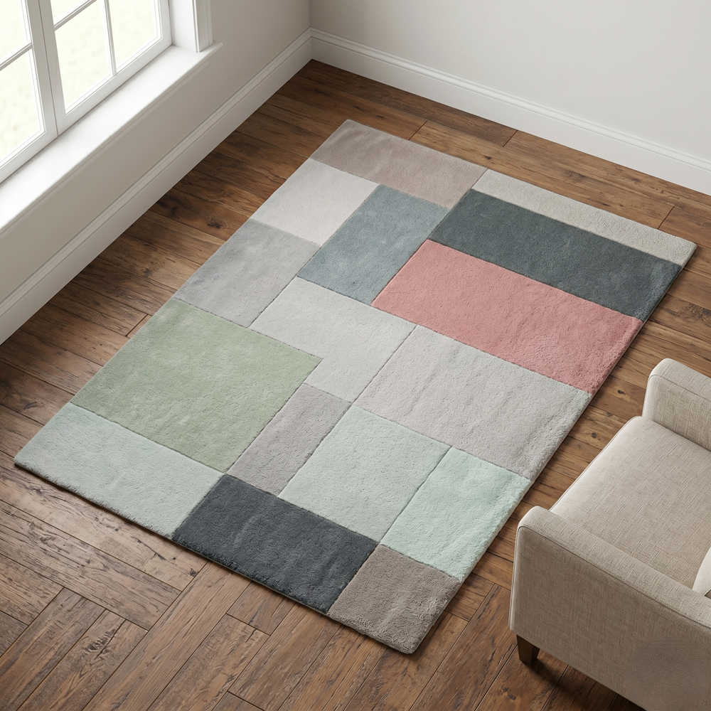 Hand-Tufted Modern Geometric Color Block Pastel Wool Area Rug