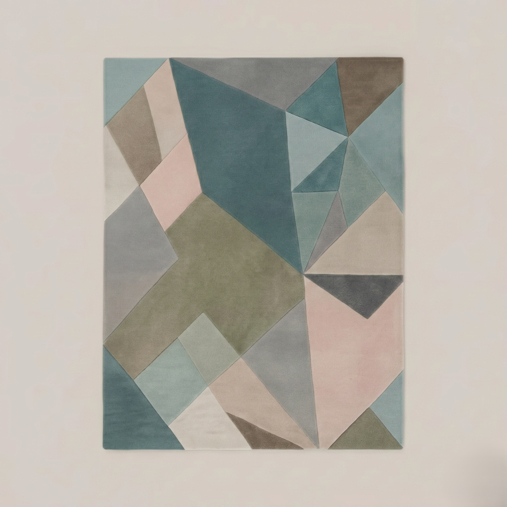 Hand-Tufted Modern Geometric Teal Pink Polygon Wool Area Rug