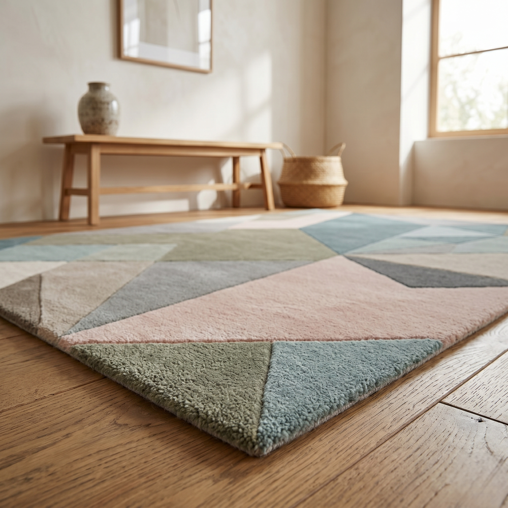 Hand-Tufted Modern Geometric Teal Pink Polygon Wool Area Rug